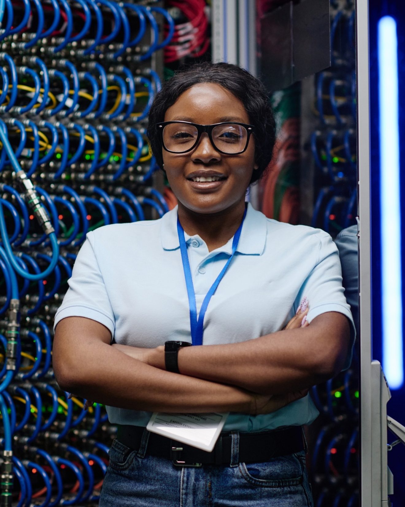 Engineer working in big cloud computing server Engineer working in big cloud computing server