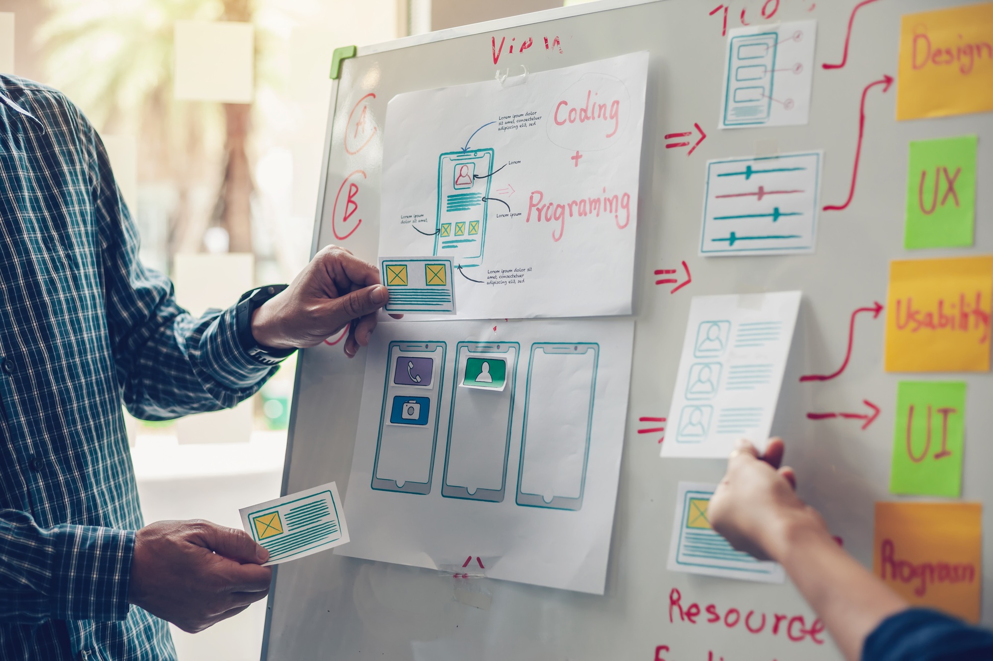 Designer team drawing website ux app development application for mobile phone. Designer team drawing website ux app development application for mobile phone.